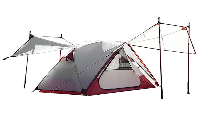 Lightweight hiking tent with awnings at the front and back