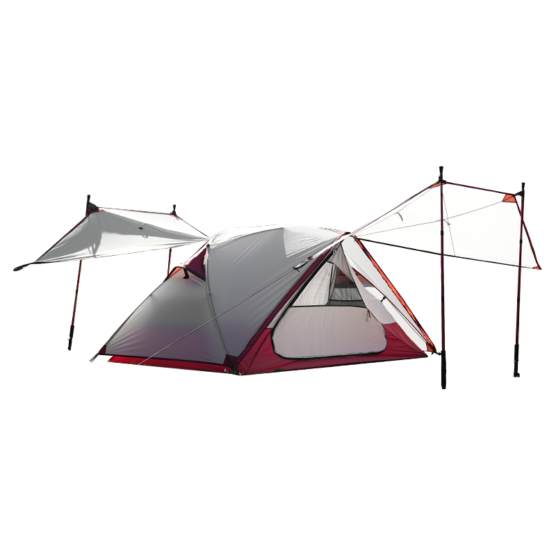 Lightweight hiking tent with awnings at the front and back